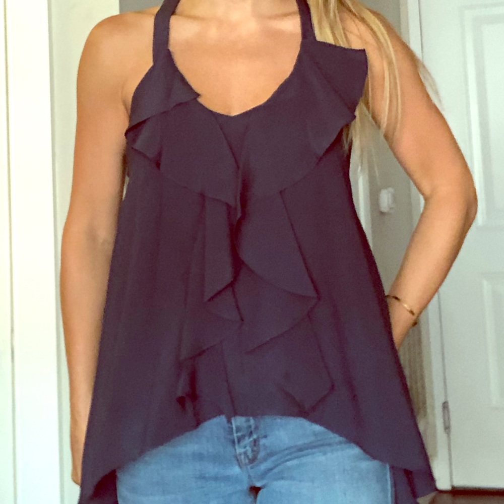 BCBGeneration Black Ruffle Halter Tank Top